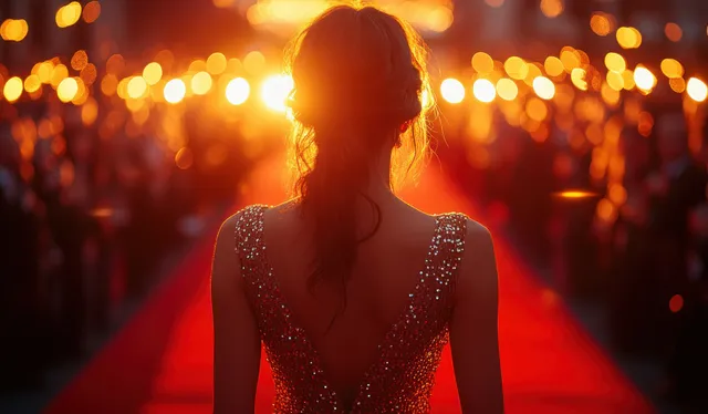 A celebrity in a sparkling backlit gown stands on a red carpet with warm crowd lights behind her.