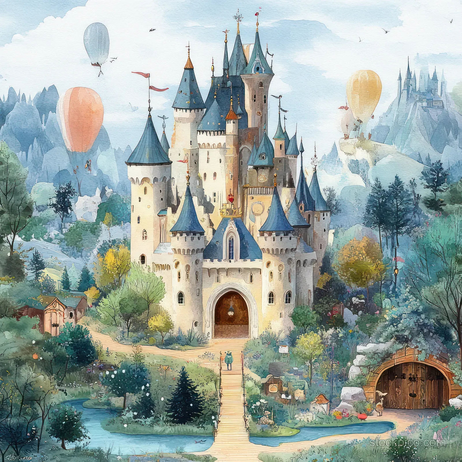 Watercolor fairytale castle with towers and arched gate sits on a green hill with trees, mountains, and floating balloons in the sky.