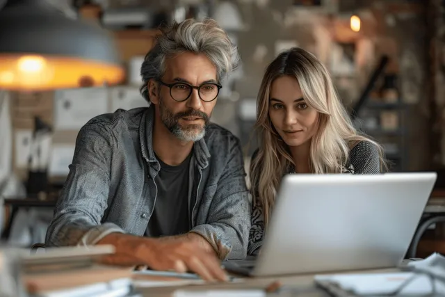 Two designers sit at a desk working on laptops while discussing product design in an office.