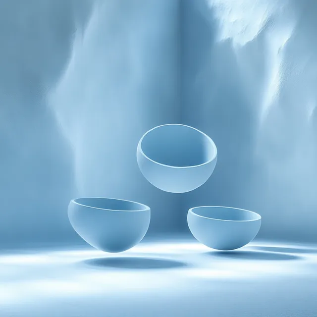 Three minimalist blue bowls float over a glowing platform in a softly lit studio scene.