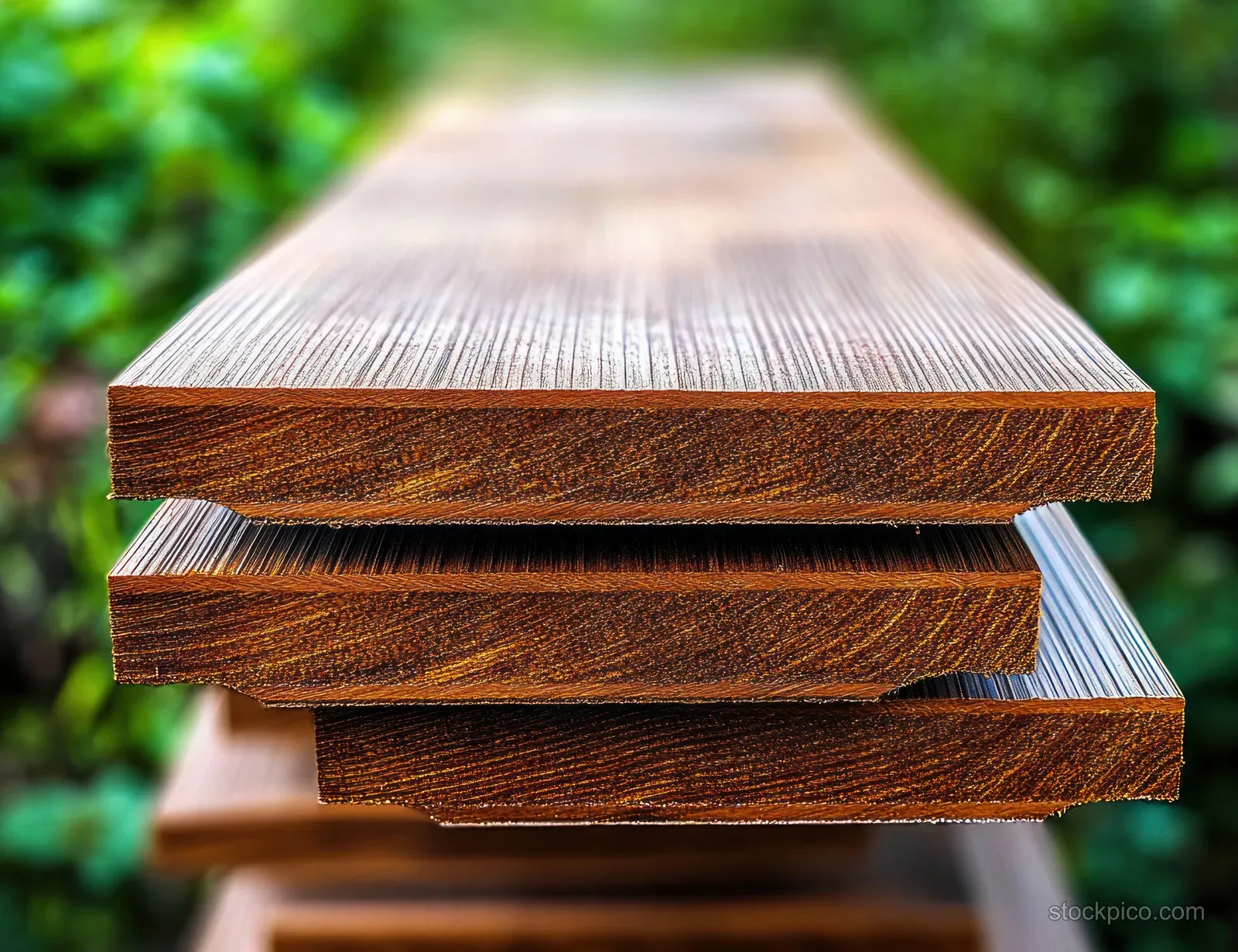 Stacked wooden planks with visible grain sit outdoors, softly lit against a blurred green garden background.