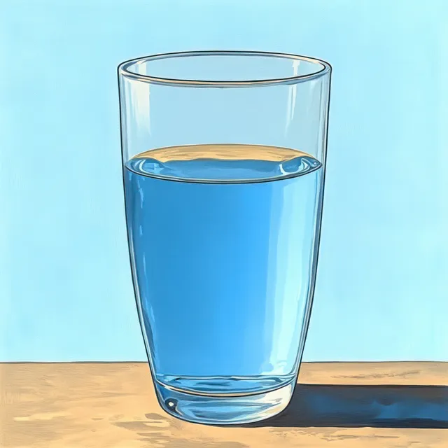 Clear glass with blue liquid casting a shadow on wooden table under light blue background