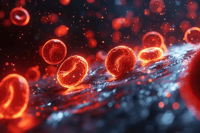 Microscopic red blood cells flowing through a vein, glowing details and plasma flow