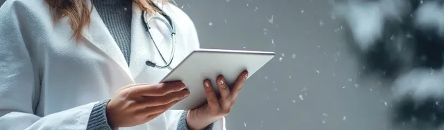 A doctor in a white coat holds a digital tablet while a stethoscope hangs around their neck in a blurred gray setting.