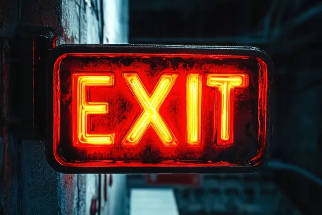 A glowing red EXIT sign with yellow backlight is mounted on a textured wall in a dark industrial corridor.