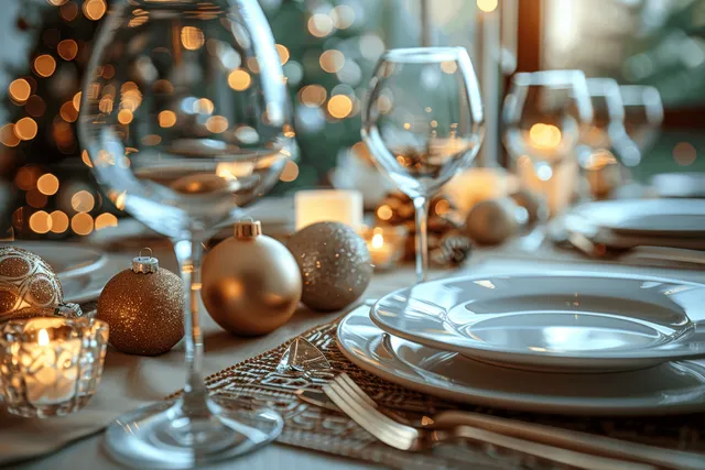 Christmas dinner table with wine glasses, candles, and gold ornaments on a festive runner