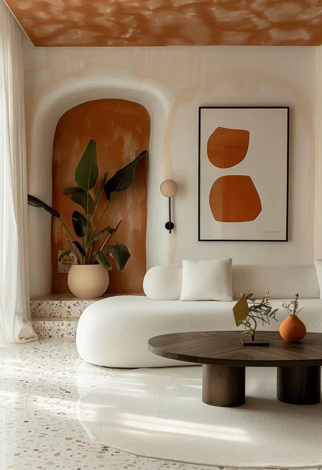 Minimalist living room nook with white sofa, terracotta accents, and framed wall art
