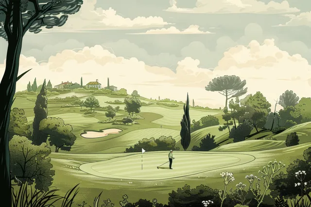 A golfer stands on a classic English fairway mid-swing as rolling greens and trees stretch into the distance.