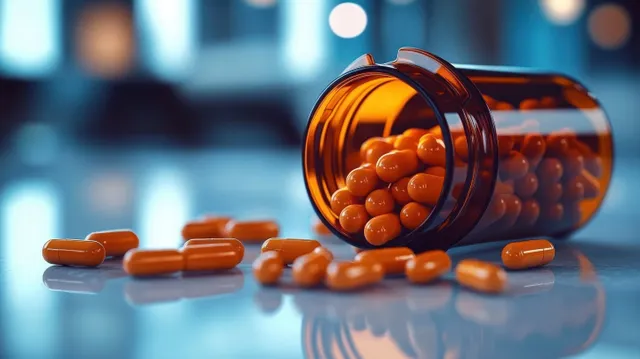 Amber pill bottle tipped over with orange capsules spilled onto reflective tabletop