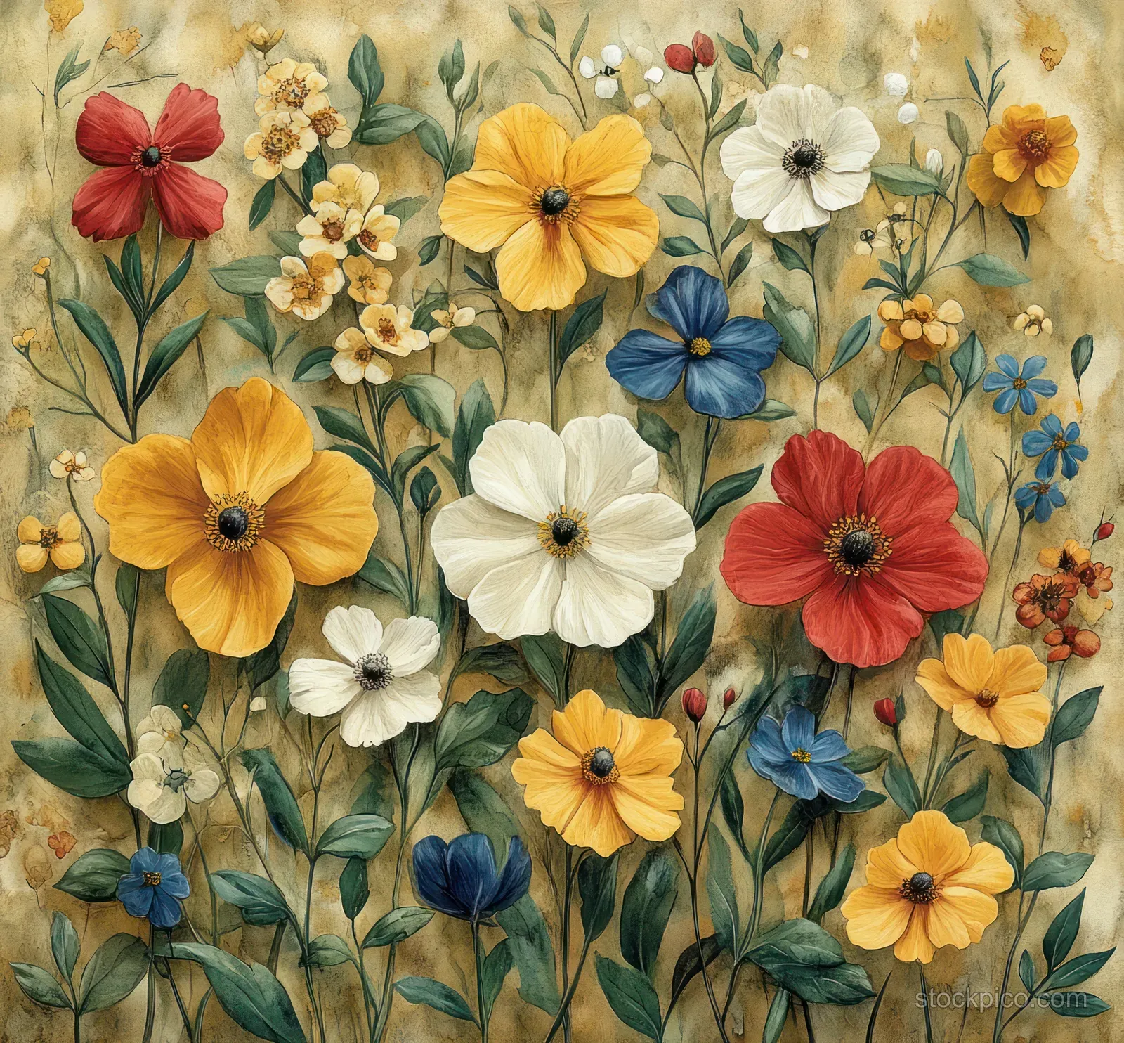 Watercolor wildflowers and fern leaves bloom across a vintage meadow backdrop with soft golden light.