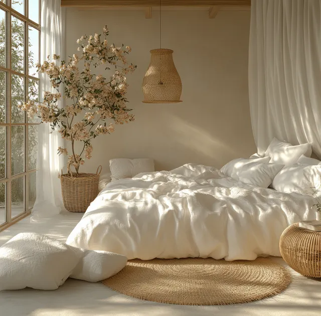 Sunlit minimalist coastal bedroom with white rumpled bedding, sheer curtains, and a vase of dried flowers by the window.