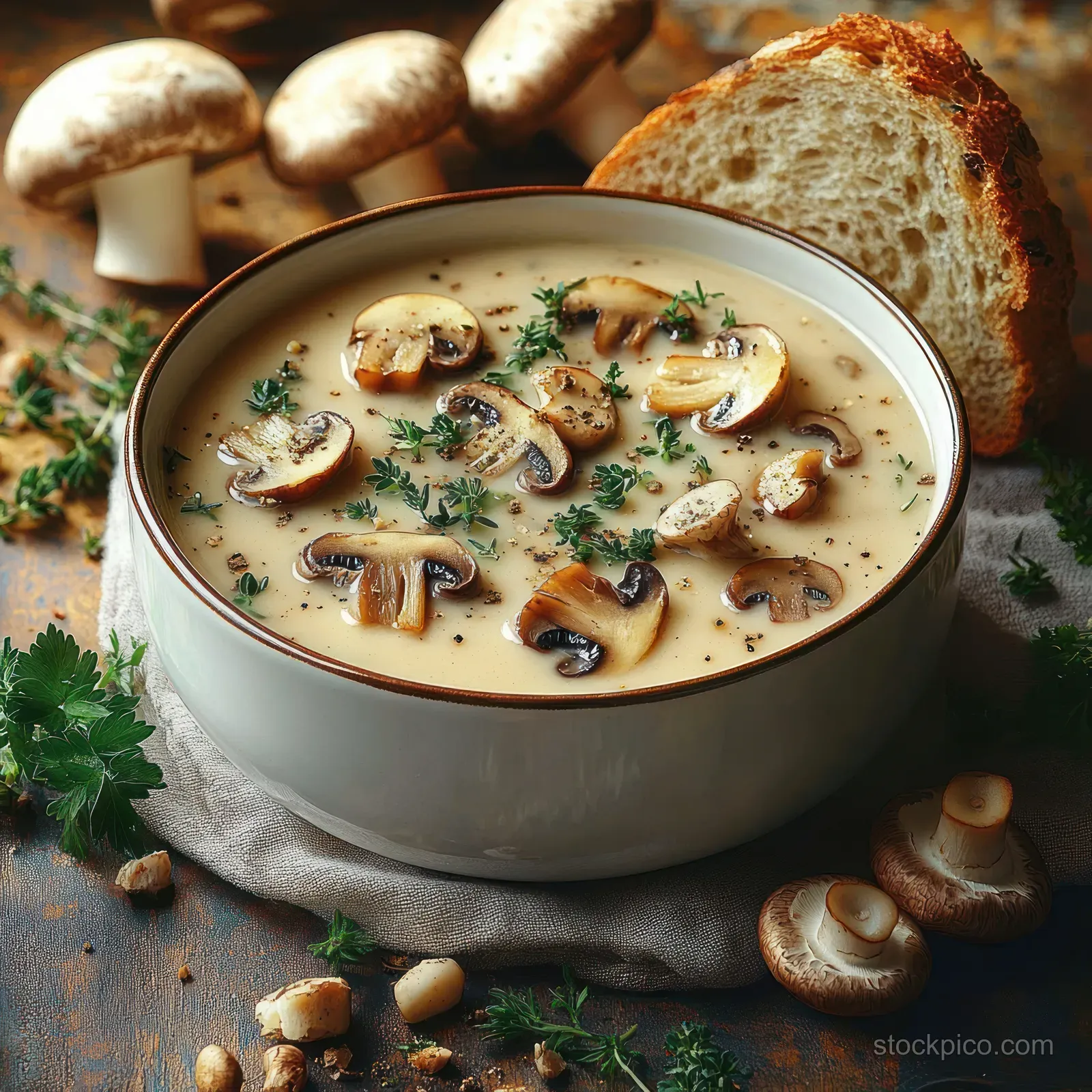 Creamy mushroom soup in a bowl with parsley and sliced mushrooms, served beside rustic bread on a wooden table.
