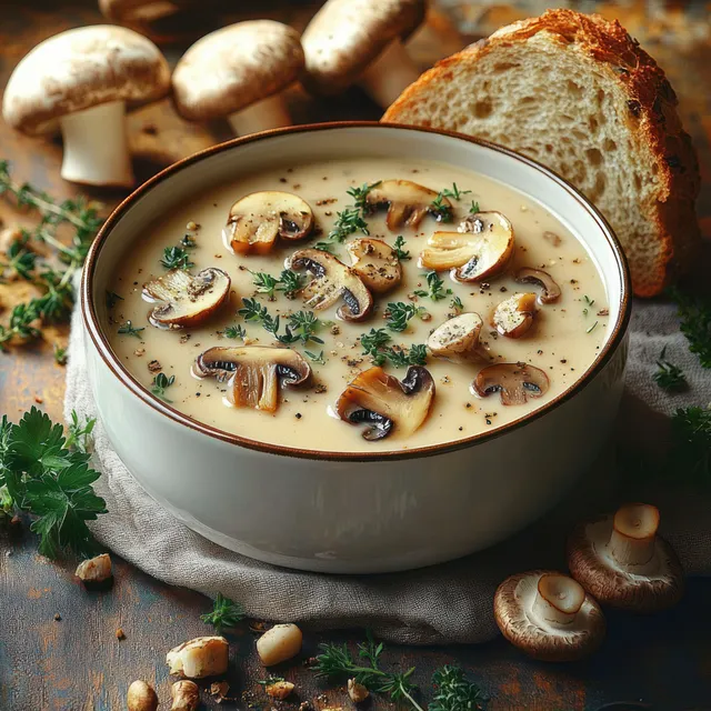 Creamy mushroom soup with herbs in a bowl beside rustic bread on a wooden table