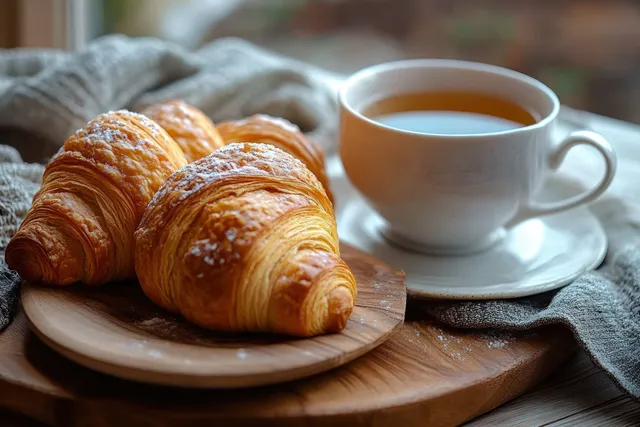 Flaky croissants on a plate sit beside a steaming cup of tea on a wooden table with soft fabric background.