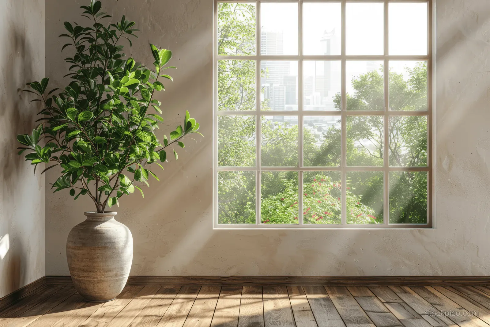 Green potted plant in a ceramic vase beside a large window with natural light and a city garden view.