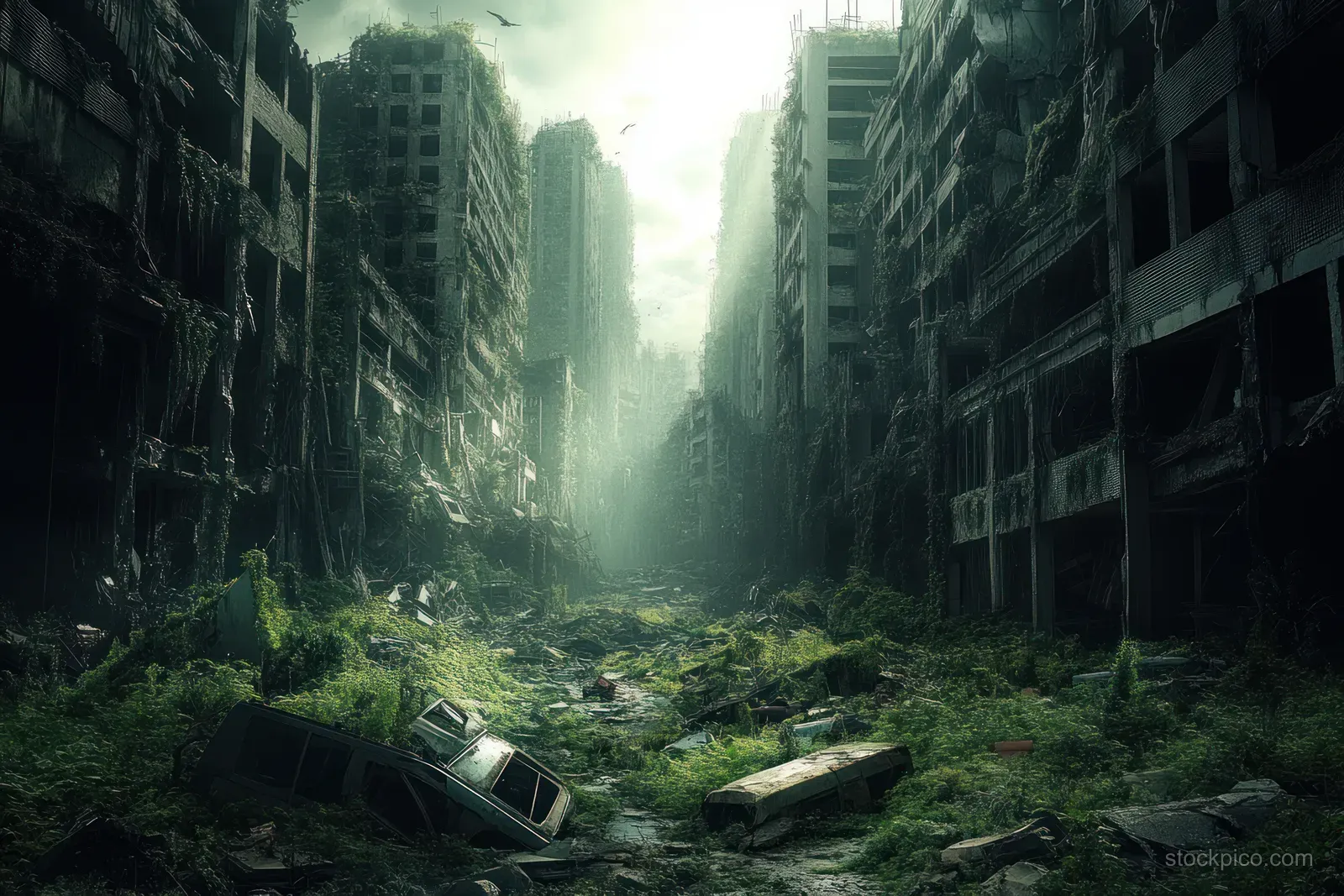 A foggy abandoned city street is choked with vines, fallen debris, and wrecked cars between ruined high-rises.