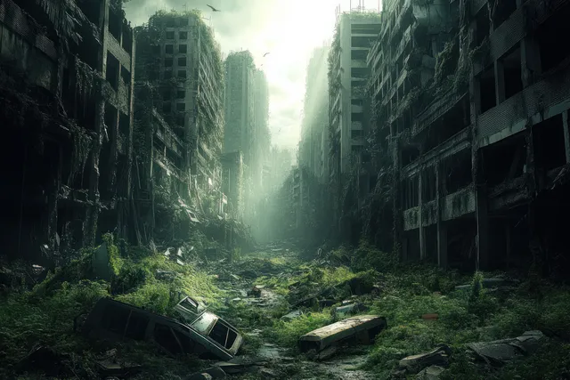 A foggy abandoned city street is choked with vines, fallen debris, and wrecked cars between ruined high-rises.