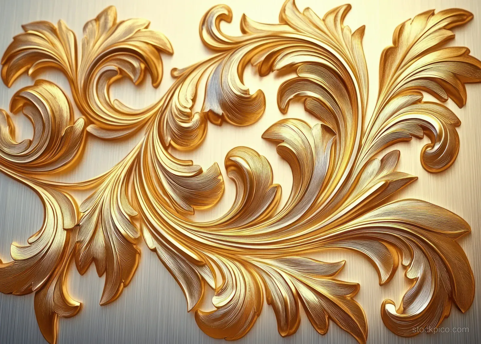 Raised golden baroque floral scrollwork swirls with leaf curls on a light cream background.