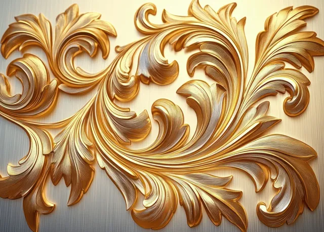 Raised golden baroque floral scrollwork swirls with leaf curls on a light cream background.