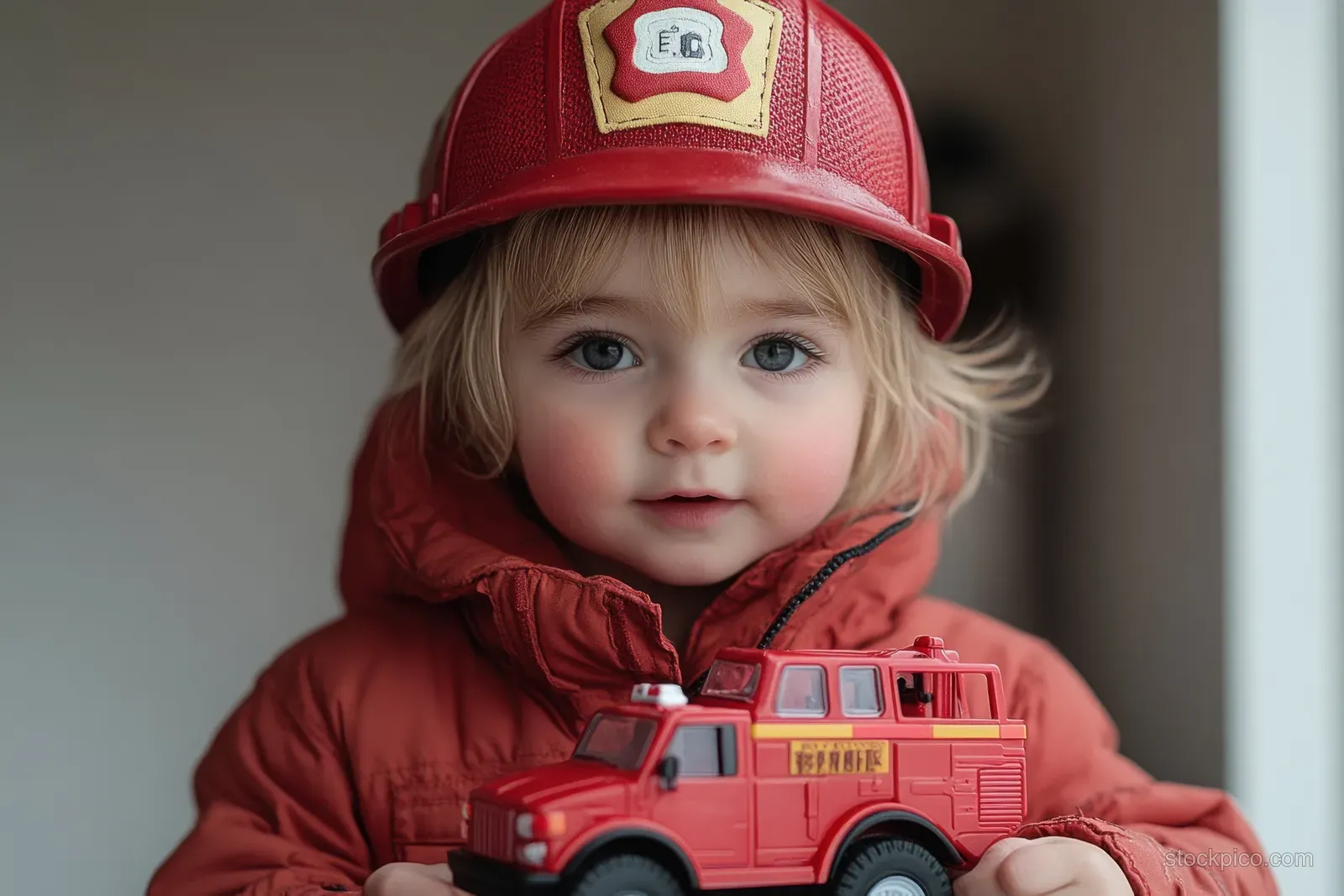 A young child in a red firefighter helmet holds a toy fire truck indoors with a softly blurred background.