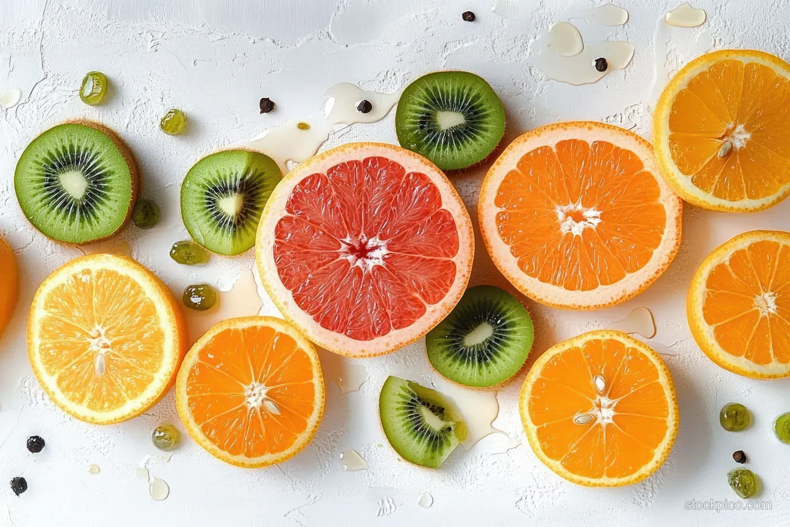 Overhead view of sliced kiwi and citrus fruit on a white background with small seeds and droplets.