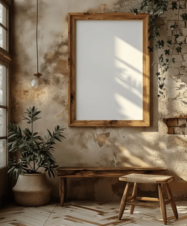Vertical wooden frame with blank white canvas on a beige wall with sunlight shadows, plants, and a small stool.