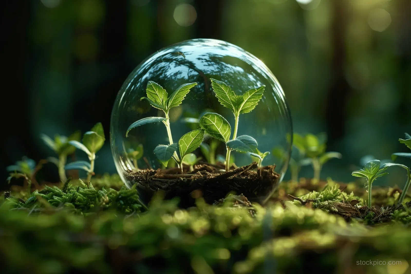 Glass globe over mossy forest soil, holding small saplings with roots visible beneath.