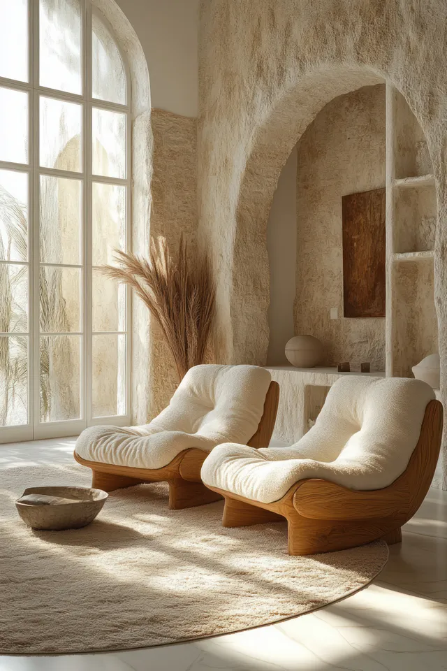 Sunlit living room corner with arched stone walls, beige armchairs, and a curved rug under a large window.