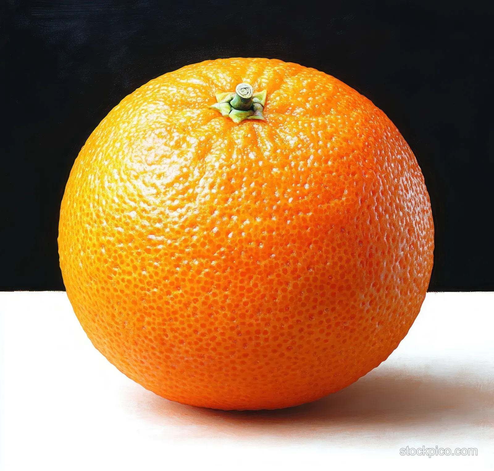 A single ripe orange with textured peel sits on a white surface against a deep black background.