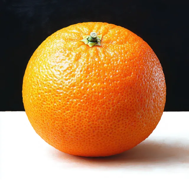 Single ripe orange with textured peel on white surface against deep black background
