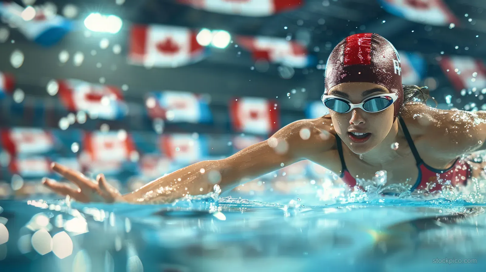 Canadian female swimmer stretches forward in a pool race, splashing water under bright arena lights with flags blurred behind.