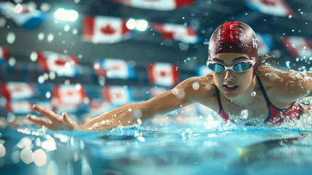 Canadian female swimmer stretches forward in a pool race, splashing water under bright arena lights with flags blurred behind.