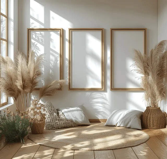 A portrait A4 frame mockup hangs on a white wall in a bright living room with rattan decor and sunlight shadows.