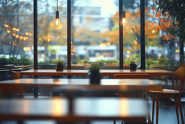 Empty modern cafe interior with large windows, soft light, and warm wooden tables