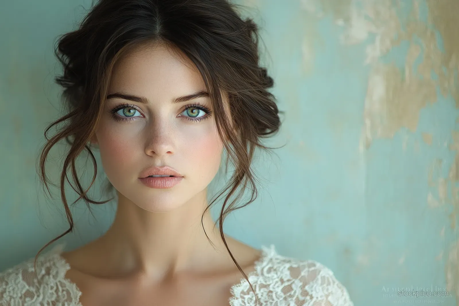 Asian woman in a vintage lace dress posing under soft natural light against an ethereal blue textured background.