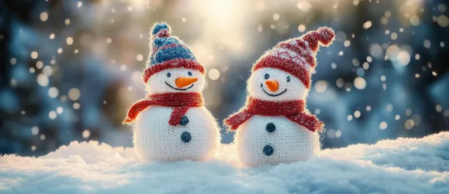 Two knitted snowmen with hats and scarves stand in a snowy landscape with gentle falling snowflakes.