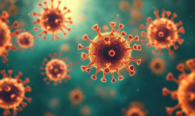 Multiple orange and red virus particles float in a teal glowing background.