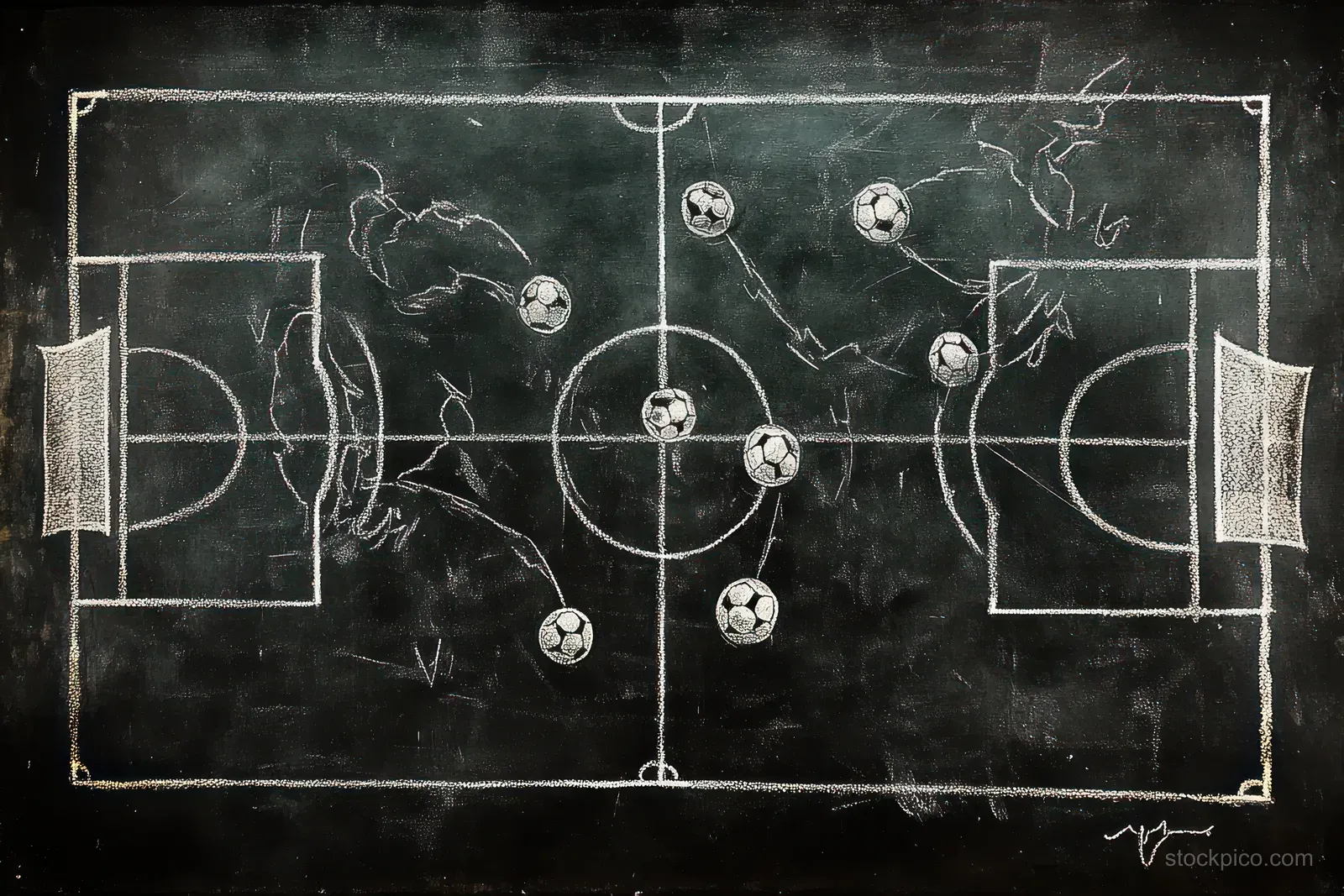 Chalkboard drawing of a soccer field with white lines, player position circles, and arrows showing movement.