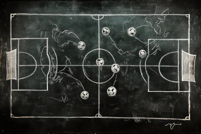 Chalkboard drawing of a soccer field with white lines, player position circles, and arrows showing movement.