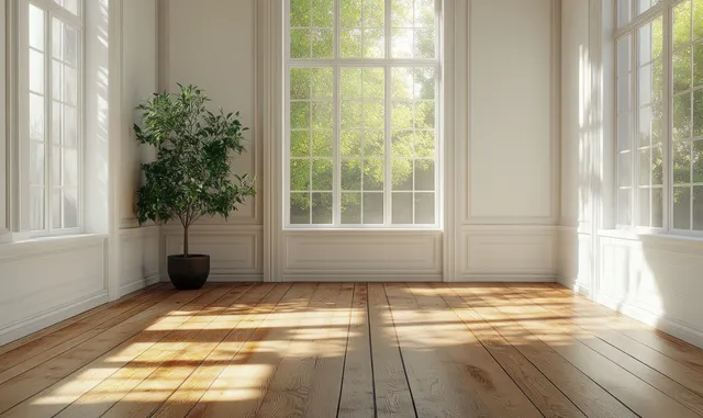 Bright empty room with white walls, wooden floor, and sunlight beams from tall windows.