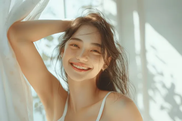 Smiling Asian woman posing indoors with white tank top, laughing in bright morning light
