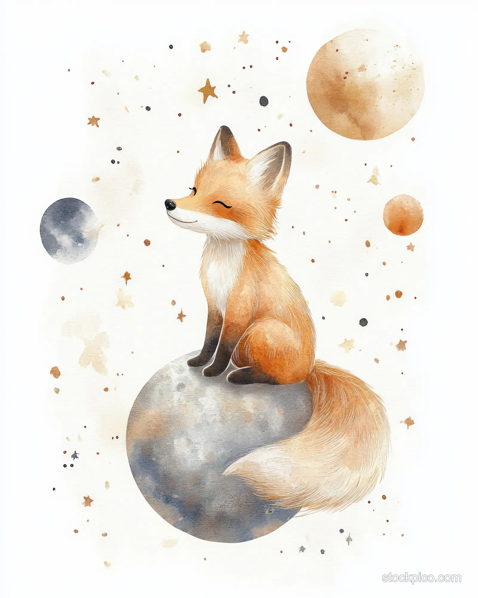 A whimsical watercolor fox floats on a colorful planet surrounded by stars and moonlight in a dreamy space scene.