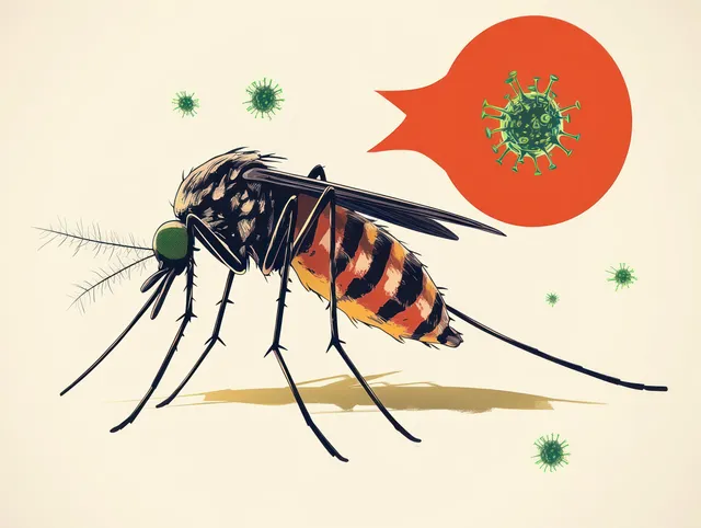 Mosquito illustration with green eyes spreading virus particles in a warning speech bubble