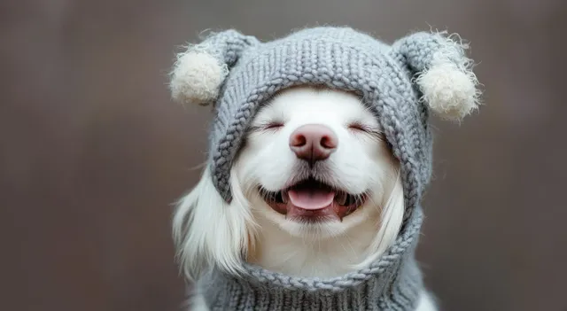 White dog wearing a knitted gray pom-pom hat smiles with eyes closed against a blurred background.