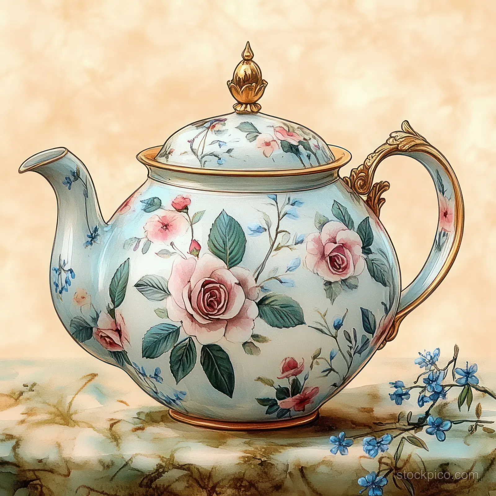 Pink rose and green leaf porcelain teapot with a gold finial resting on floral fabric with blue blossoms.