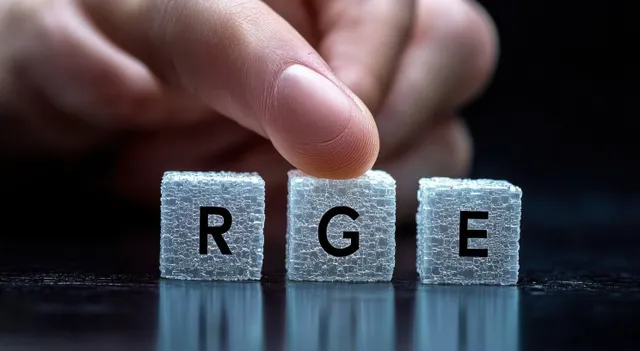 Fingertip pushes a clear textured cube labeled G between cubes marked R and E on a reflective black surface.