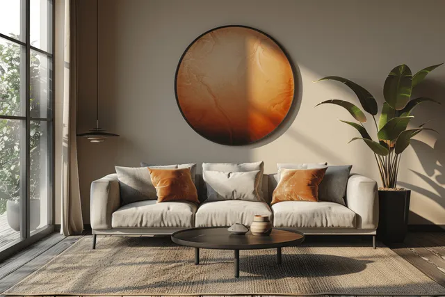 Beige sofa sits against the wall under an abstract circular poster, with a black coffee table and a potted plant near a bright window.
