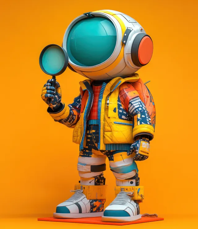 Astronaut character holding a tiny tool on a bright orange studio background
