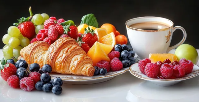 Croissants on a plate with mixed berries, citrus fruit, and a cup of black coffee on a white table.