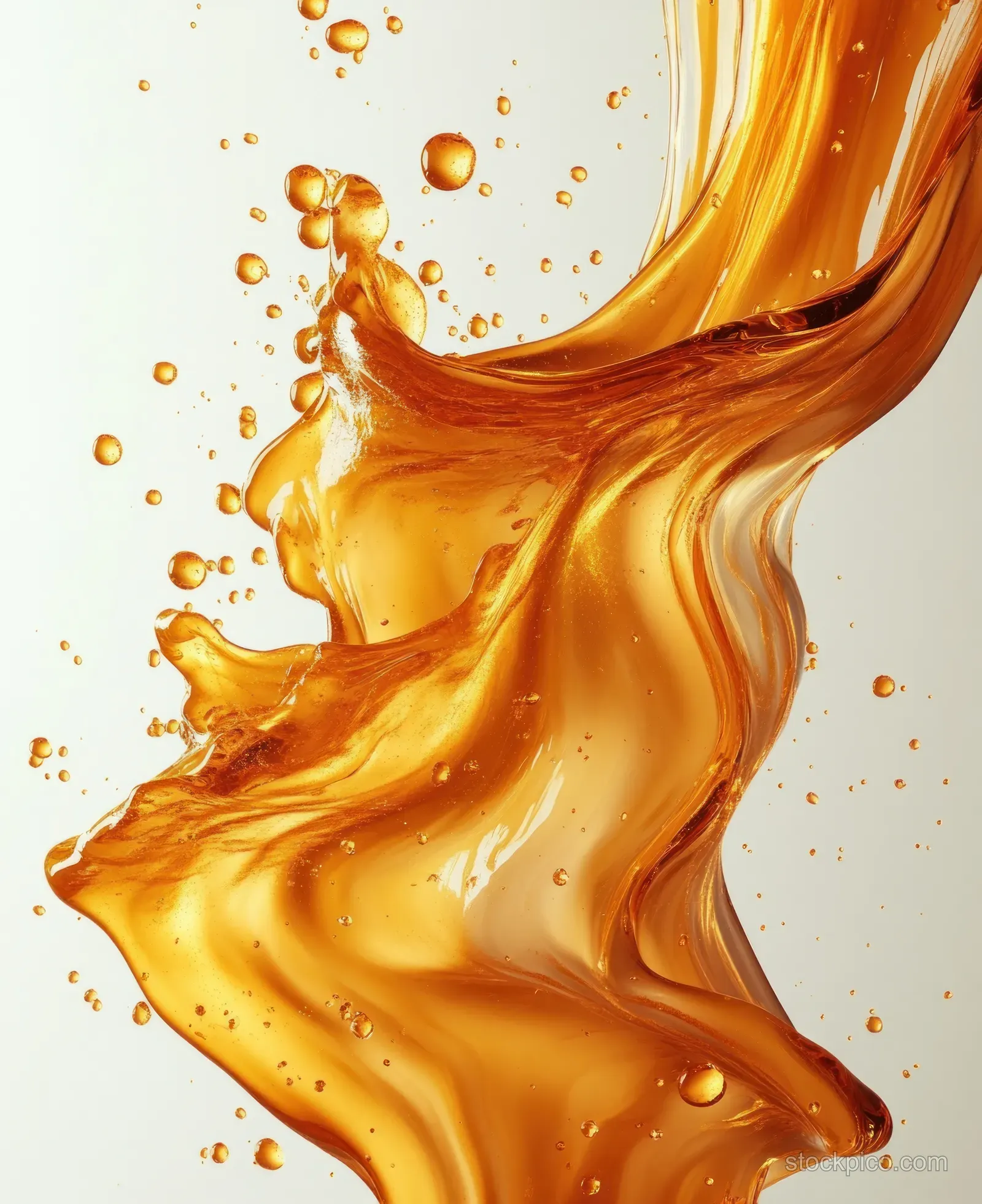 Golden liquid splashes and swirls across a white background.